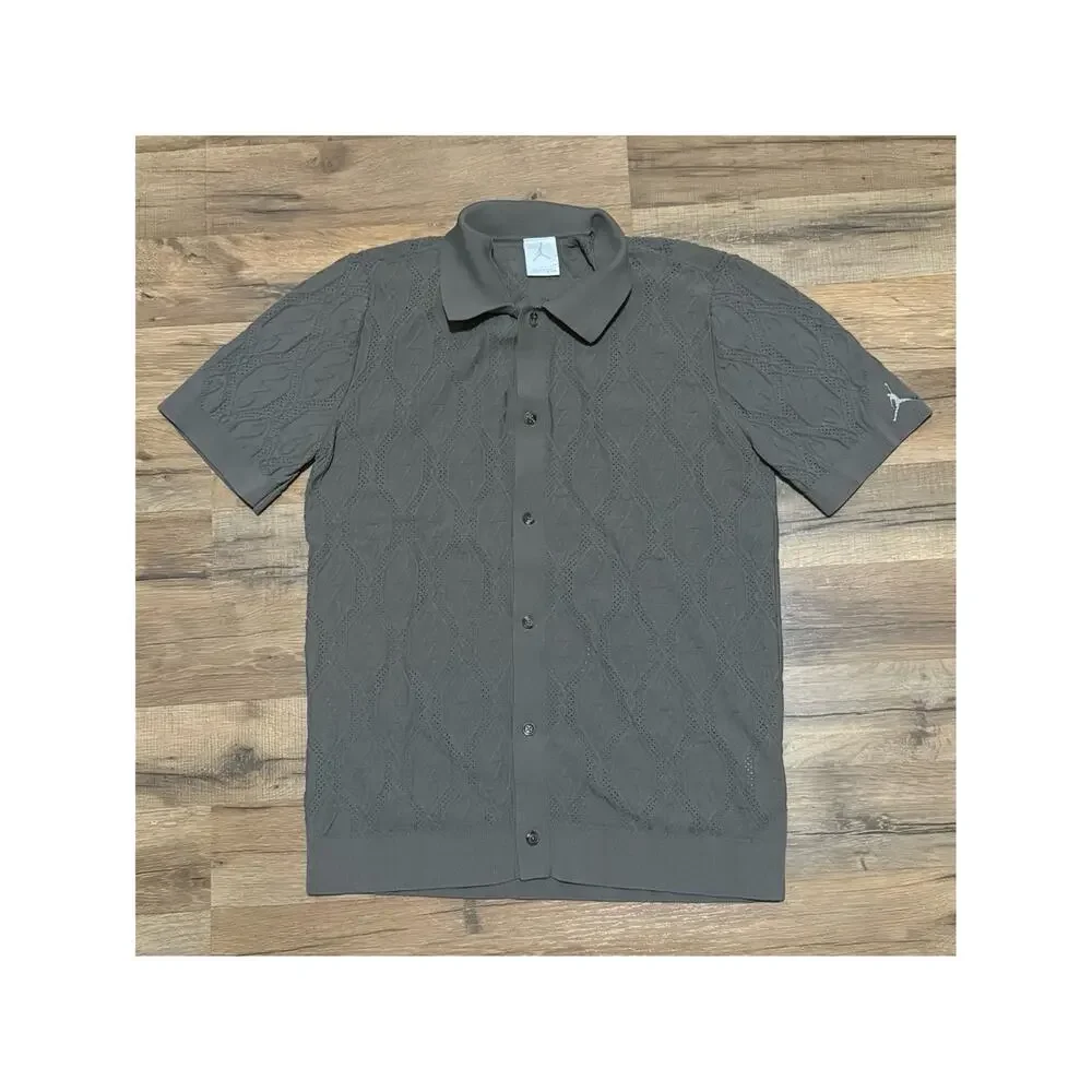 Air Jordan Golf 23 Cable Knit Button Up Tan Brown Linen II7267-040 Polo Shirt